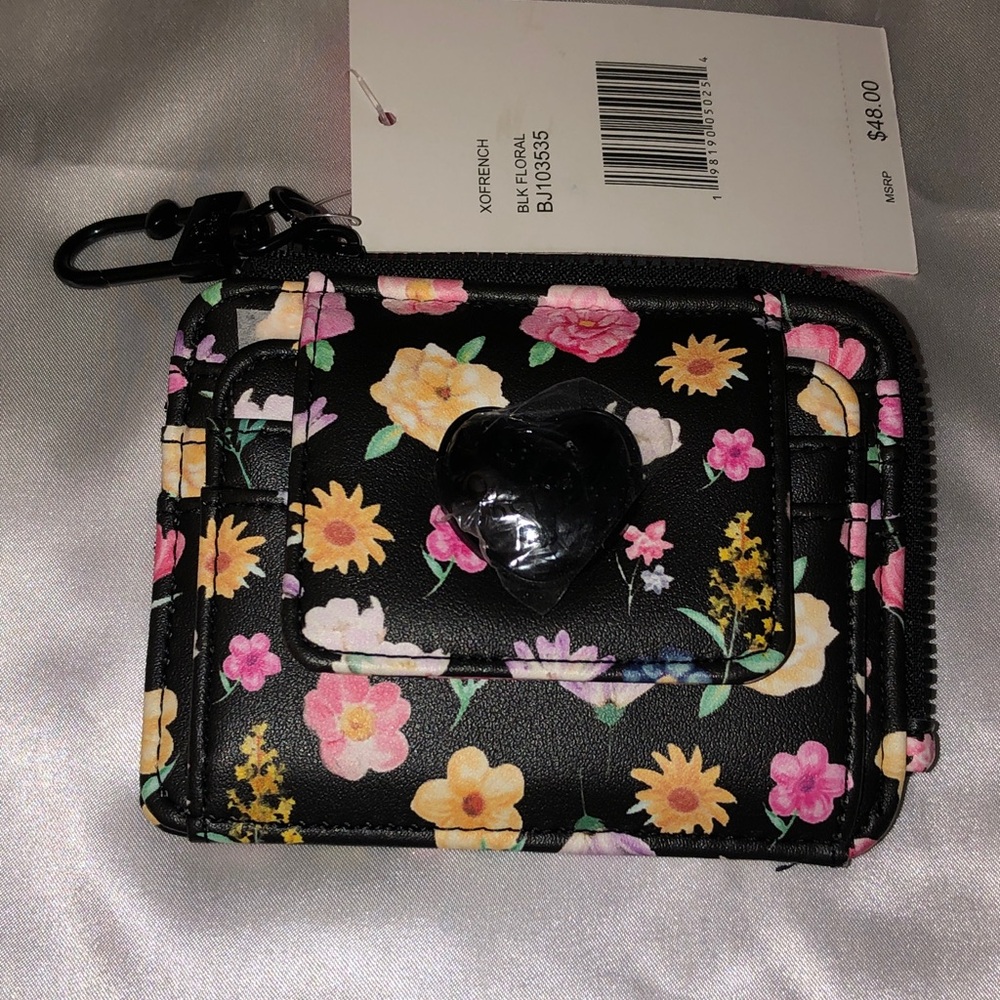 Betsey Johnson L-Zip French Card Wallet Black & Multi Color Floral Print NWT